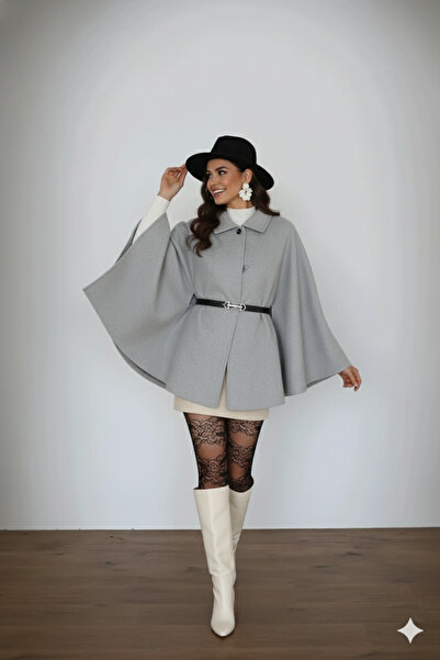 beeke Zaharia Women's New Season Belted Wool Inside Collar Detailed Poncho Cashmere Coat Winter Beeke-5461