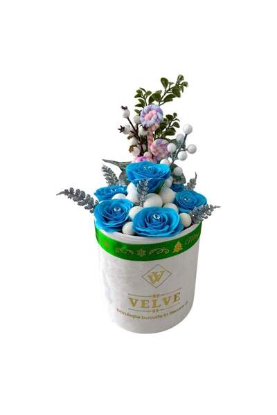 velve Aranjament Floral Winter Blue,trandafiri de sapun,globuri decorative,in...