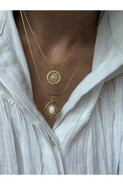 STOLIA Altın Kaplama Çelik Vintage Beyaz Kolye Kombini