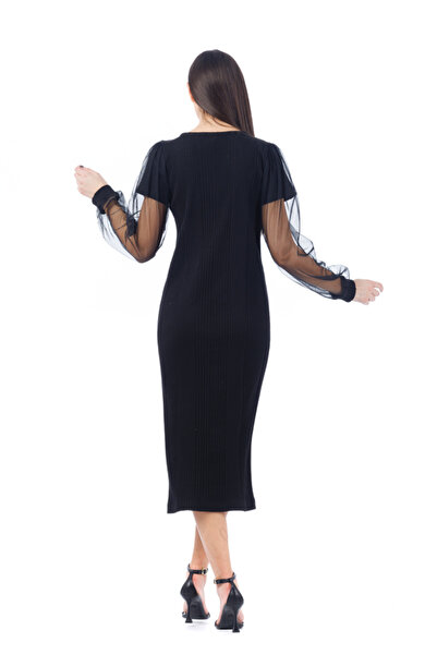 RVL Black asymmetric viscose dress with ruffles