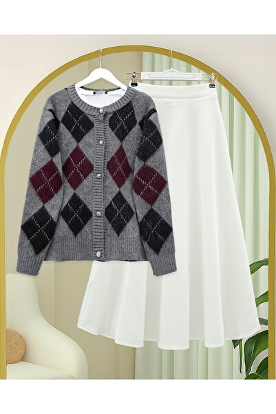 Modamorfo Buttoned Square Patterned Double Layer Knit Cardigan - Smoked