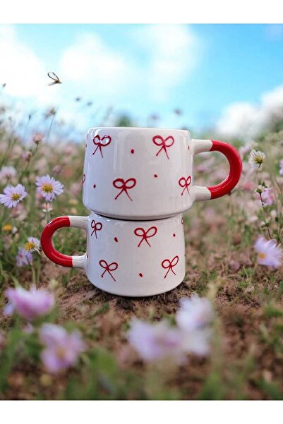 aktas seramik Kırmızı Fiyonklu El Çizimi 2'li Seramik Kupa Bardak Hediyelik