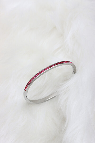 LA PERRY ACCESSORIES سوار مشبك فولاذي فضي مرصع بالأحجار الوردية