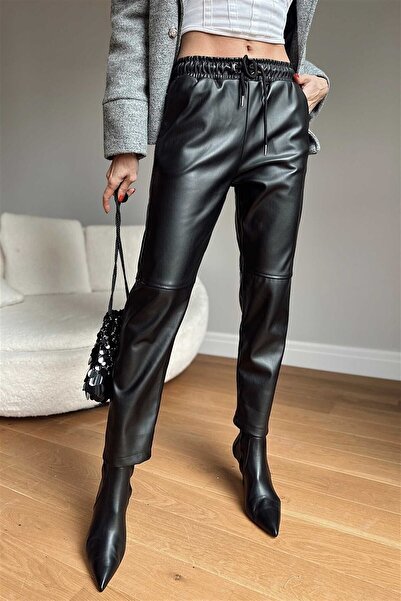 LOS FECHKA Black Leather Pants with Tie-Up Waist