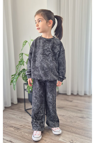 BALKABAĞI 2-Piece Girls' Tracksuit Set with Vintage Effect Star Applique (Ages 2-9)