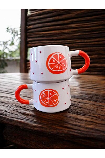 aktas seramik 🍊   طقم من كوبين سيراميك بنقش برتقالي مرسوم يدويًا كهدية