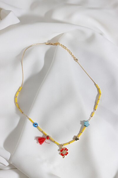LA PERRY ACCESSORIES Yellow Necklace with Clover Pendant and Blue Stars
