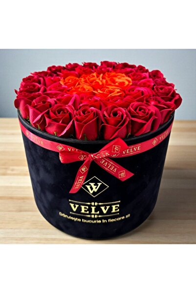 velve Majestic Floral Arrangement, with burgundy, red and orange soap roses, in a black velvet box