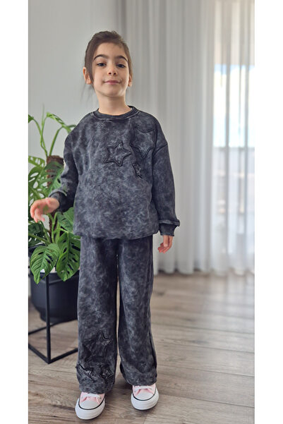 BALKABAĞI 2-Piece Girls' Tracksuit Set with Vintage Effect Star Applique (Ages 2-9)