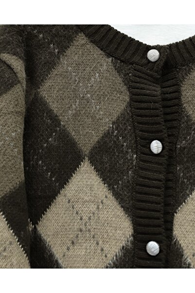 Modamorfo Buttoned Square Patterned Double Layer Knit Cardigan -K. Brown