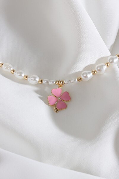LA PERRY ACCESSORIES Pink Enamel Clover Pendant Pearl Necklace