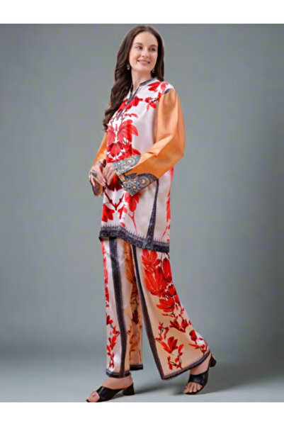 MYSMAR Red Satin Printed Co-ord Set - AFK1006 | Red