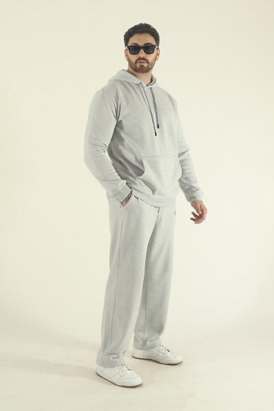 INFLUYENTE Men's Winter Fleece-Lined Kangaroo Pocket Sweatshirt Bottom Baggy Tracksuit Set