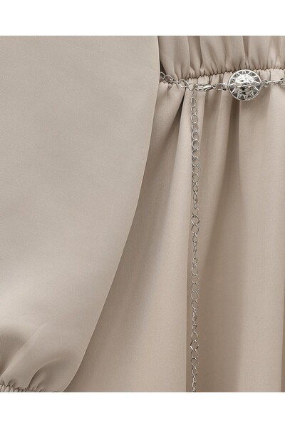 Modamorfo High-Necked Half-Zippered Gathered Waist Belted Scuba Dress - Beige