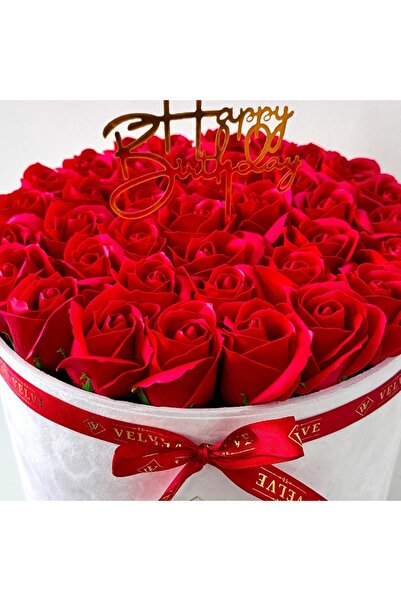velve Majestic Red Floral Arrangement, with soap roses, with "Happy Birthday" message