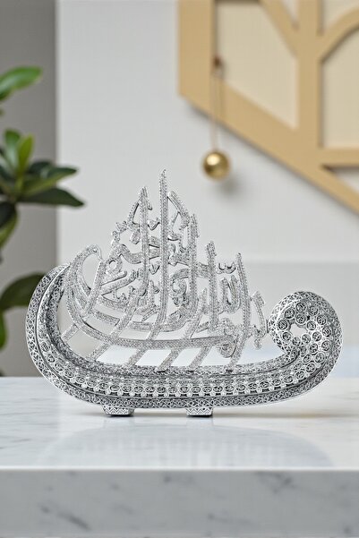 Güncel Vitrin Zirkon Taşlı Gümüş Vav/Besmele Dekoratif Biblo 39*31 cm