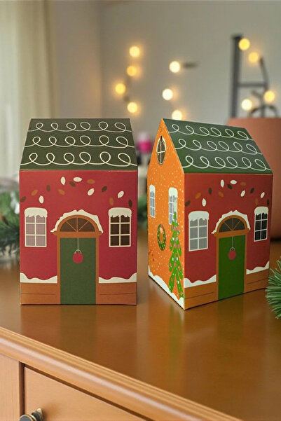 OLİ Art Yılbaşı Ev Kutu Çizgi Desen Çatı 12 Adet - 8.5x9.5x14 cm – Hediye Kutusu Karton Noel Evi Tasarım
