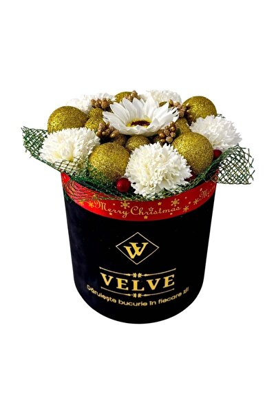 velve Aranjament Floral Christmas Gold, cu flori albe, globuri aurii,in cutie...