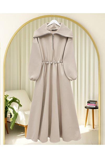 Modamorfo High-Necked Half-Zippered Gathered Waist Belted Scuba Dress - Beige