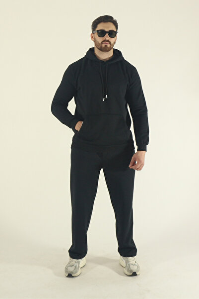 INFLUYENTE Men's Winter Fleece-Lined Kangaroo Pocket Sweatshirt Bottom Baggy Tracksuit Set