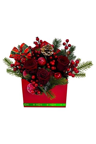 velve Christmas Rouge arrangement with cryogenic red roses, fir branches, in an elegant red box