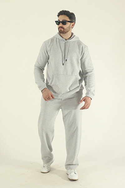 INFLUYENTE Men's Winter Fleece-Lined Kangaroo Pocket Sweatshirt Bottom Baggy Tracksuit Set