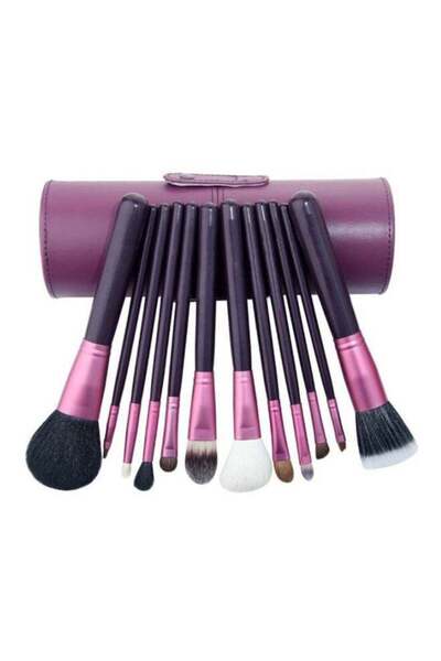 The comprehensive house مجموعة من ١٢ فرشاة مكياج احترافية مع حامل على شكل كوب (أرجواني/أسود)