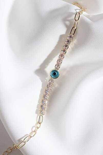 LA PERRY ACCESSORIES Square Zircon Stone Evil Eye Beaded Gold Chain Bracelet