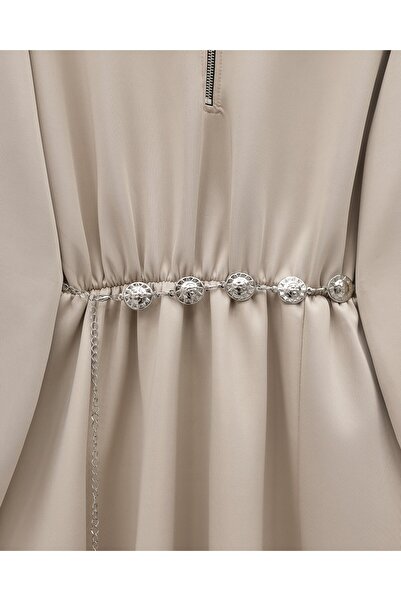 Modamorfo High-Necked Half-Zippered Gathered Waist Belted Scuba Dress - Beige