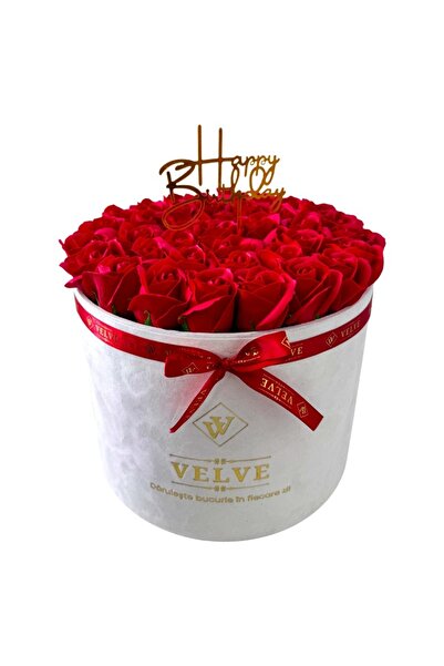 velve Majestic Red Floral Arrangement, with soap roses, with "Happy Birthday" message