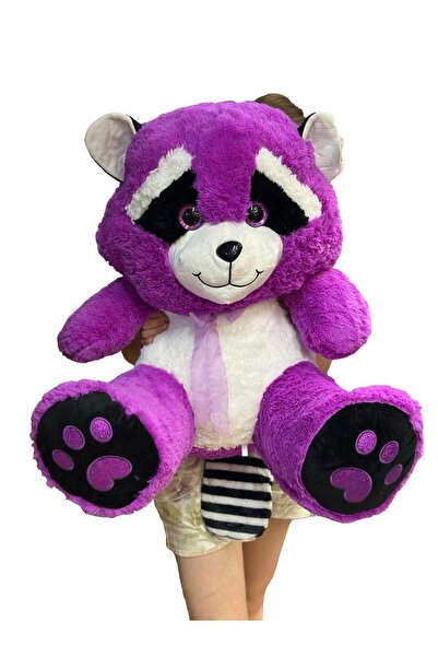 JPT Giant purple raccoon plush teddy – 90 cm, with bow and glittery paws