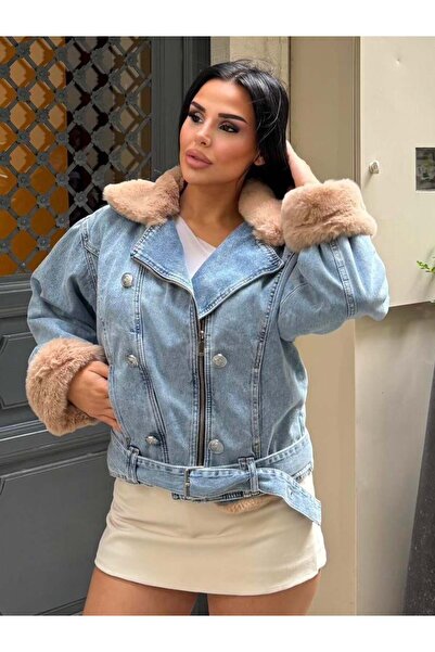 QİMYA BUTİK Sagi̇ Women's Cuff & Collar Fur Detailed Metal Button Cross Zipper Inside Fully Fur-Lined Denim Coat