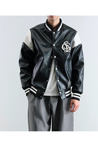 Hazhers Men's Leather Embossed Logo Pocket College Jacket