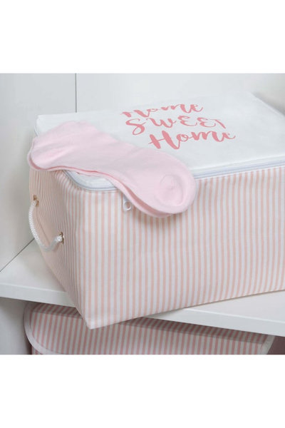 Berçak Home 2’li Pudra Pembe Çizgili Kumaş Bebek Hurcu – 30x22x18 cm Düzenleyici Kutu Seti