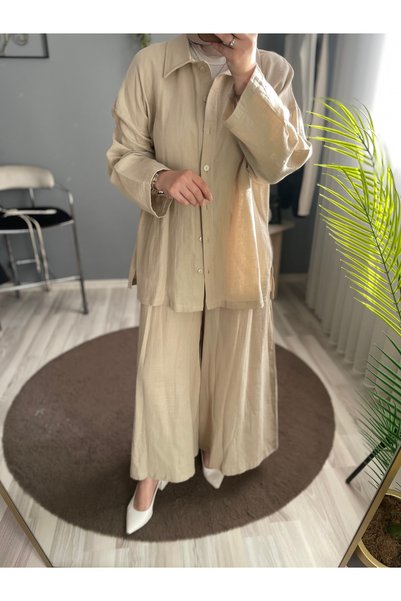 byalisdmr Button Closure Elastic Waist Shirt Pants Double Muslin Set - Stone