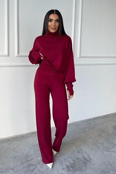Mooi Butik Turtleneck Finger High West Locking Bottom Top Knitwear Suit Two Piece Bordeaux Sets 015