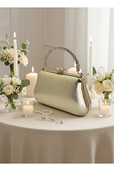 Biçanta Gold Crinkled Patent Leather Pearl Detailed Stone Handle Evening Bag Night Wedding Engagement Graduation Portfolio