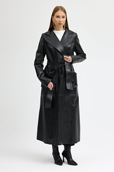 MEECY Women's Genuine Leather Premium Women's Long Length Overcoat Trench Coat
