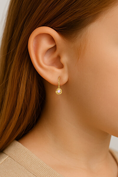 jelux silver 925 Ayar Gümüş Lal Model Pembe Taşlı Gümüş Gold Çocuk Küpe