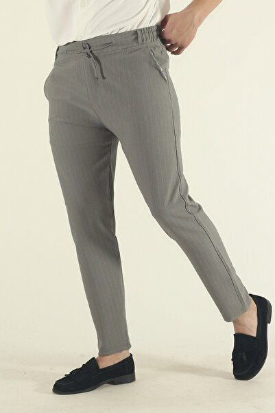 INFLUYENTE Men's Stretch Fabric Elastic Waist Lace-Up Striped Ankle-Length Side Pocket Jogger Pants