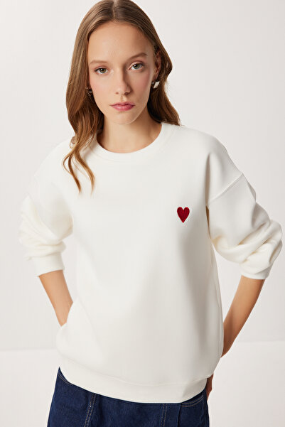 Lovelyİstanbul Kalp Nakışlı Şardonlu Örme Sweatshirt LAN0082 EKRU