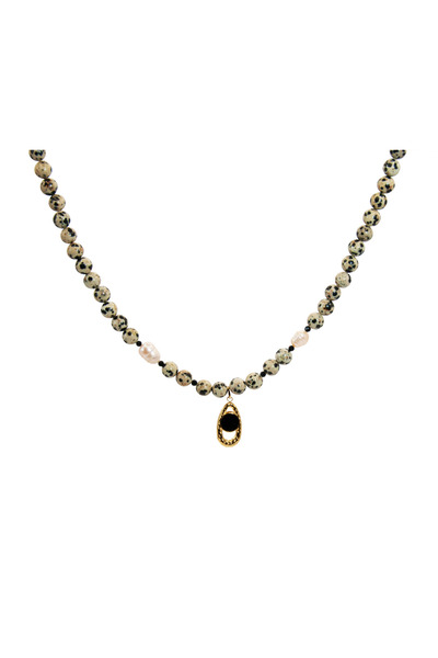 runa Colier pietre naturale Jasp Dalmatian, perle de cultura, otel inoxidabil placat aur 18k - Handmade