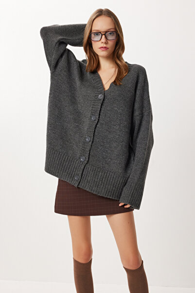 Lovelyİstanbul Oversized Plain Knitwear Cardigan Lnf0027 Anthracite