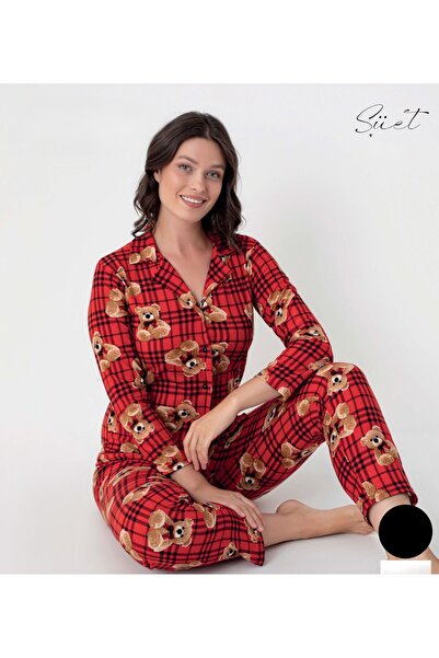 Moda Banuş Plaid Bear Shirt Collar Suede Pajama Set