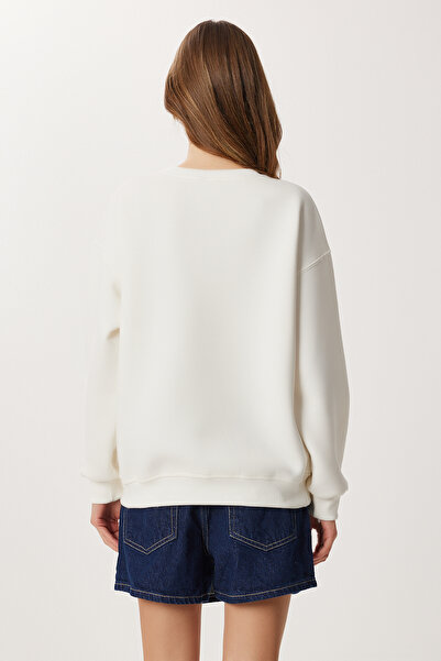 Lovelyİstanbul Kalp Nakışlı Şardonlu Örme Sweatshirt LAN0082 EKRU