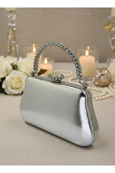 Biçanta Silver Gray Wrinkled Patent Leather Pearl Detailed Stone Handle Evening Bag Night Wedding Engagement Graduation Portfolio