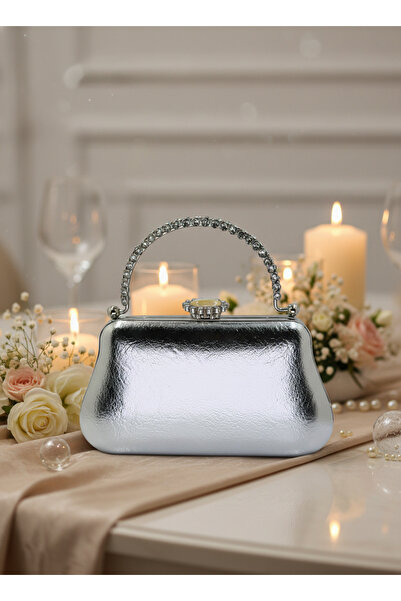 Biçanta Silver Gray Wrinkled Patent Leather Pearl Detailed Stone Handle Evening Bag Night Wedding Engagement Graduation Portfolio