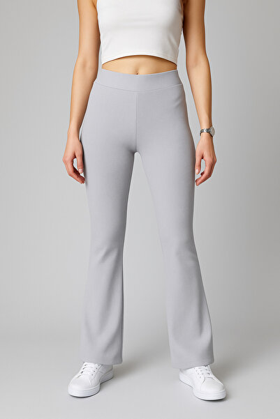 LACHT Women's Light Gray Flared F Corded Fabric Extra High Waist Recovery Leggings