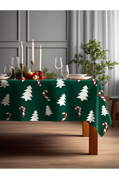 Medi Home Modern Kış Temalı Şeker Baston ve Çam Ağacı Deseni Masa Örtüsü