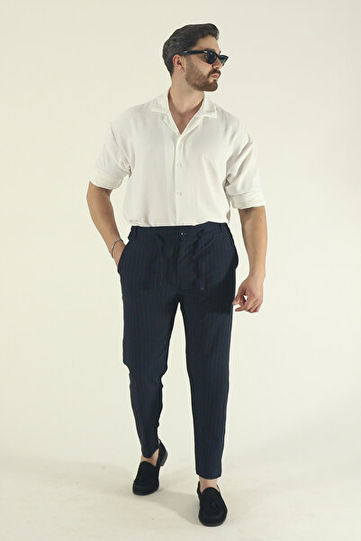 INFLUYENTE Men's Stretch Fabric Elastic Waist Lace-Up Striped Ankle-Length Side Pocket Jogger Pants